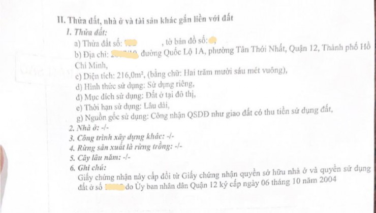 Bán BT MT Quốc Lộ 1A Phường Tân Thới Nhất Quận 12, ngang 8m, giá giảm còn 1x tỷ